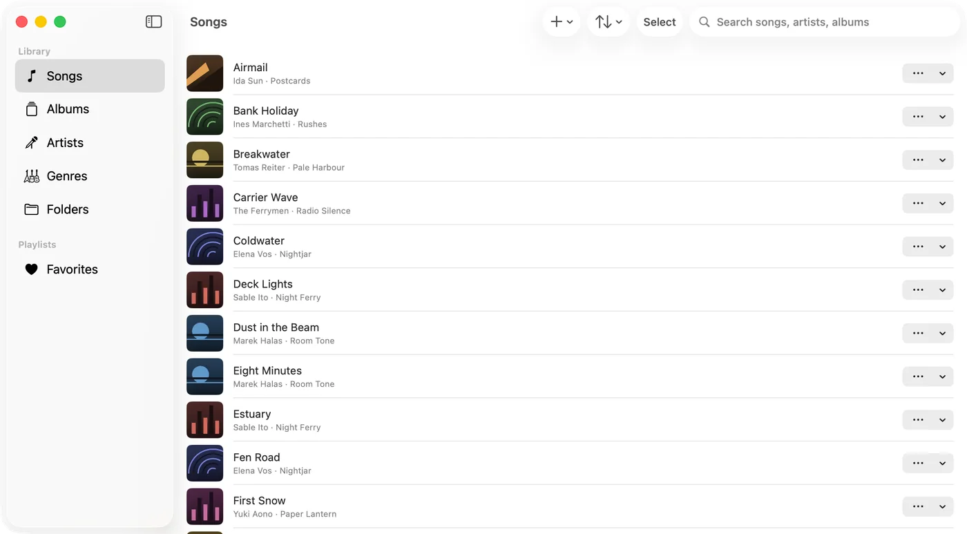 Trove for Mac showing a dense song list with artwork, artist and album per row, and a library sidebar