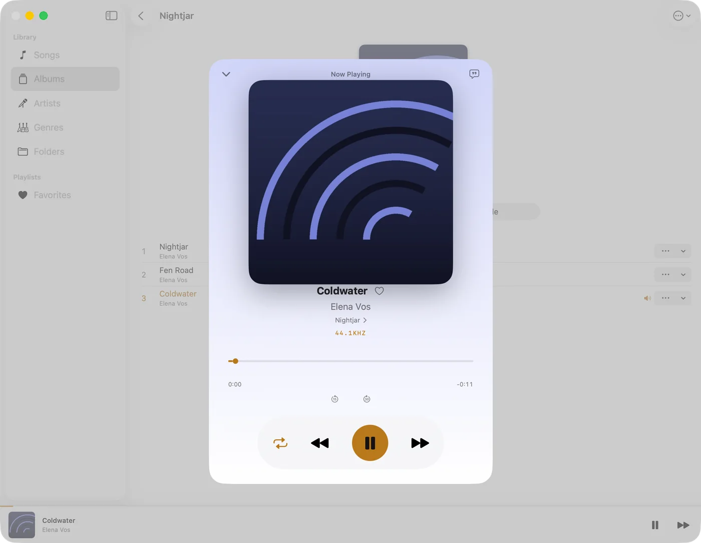 Trove's Now Playing view on macOS, showing album artwork, track details, the sample rate and transport controls
