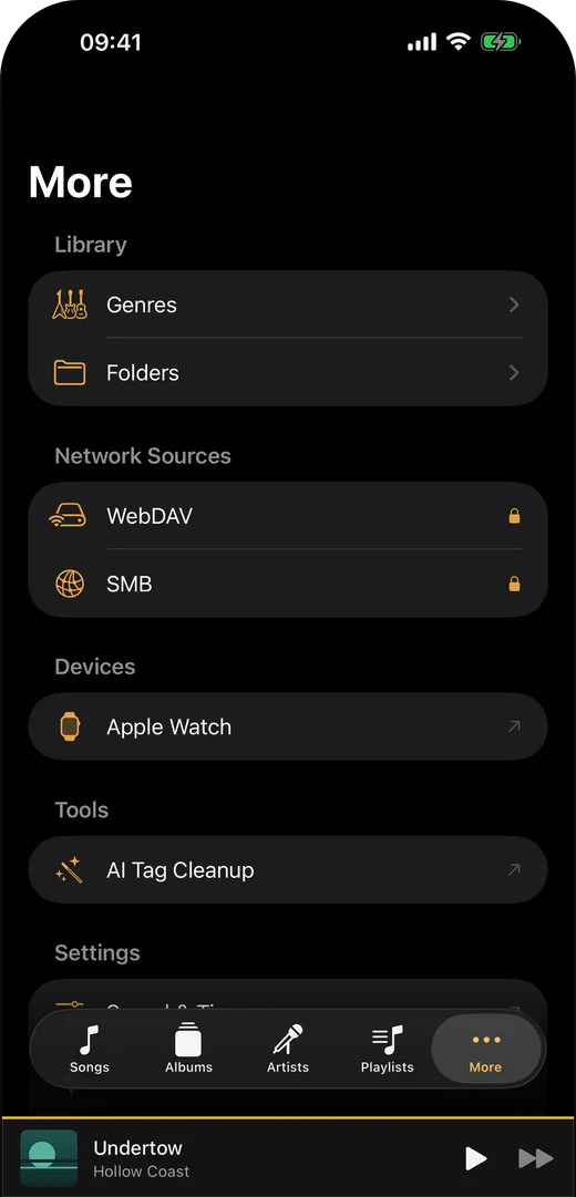 Trove's More tab on iPhone: a Network Sources section listing WebDAV and SMB above Devices and Tools