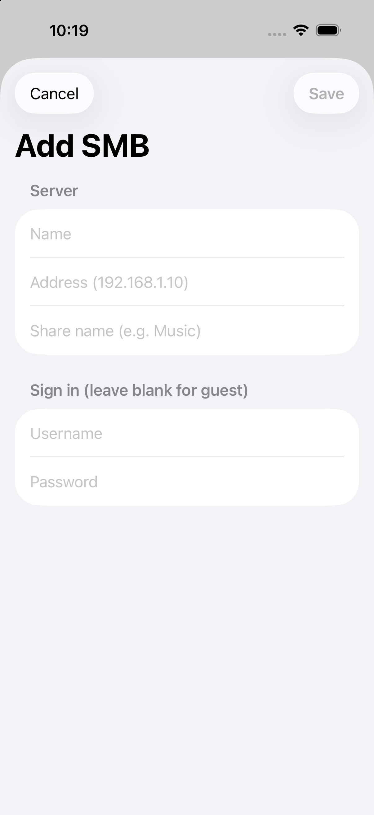 Empty Trove Add SMB form on iPhone with server and sign-in fields