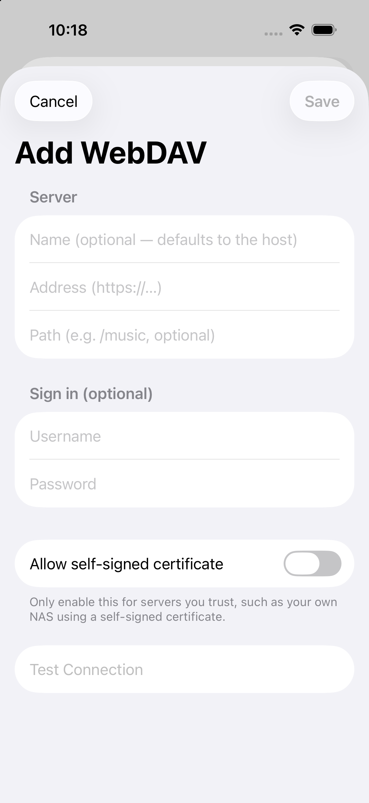 Empty Trove Add WebDAV form on iPhone with address, path and Test Connection controls
